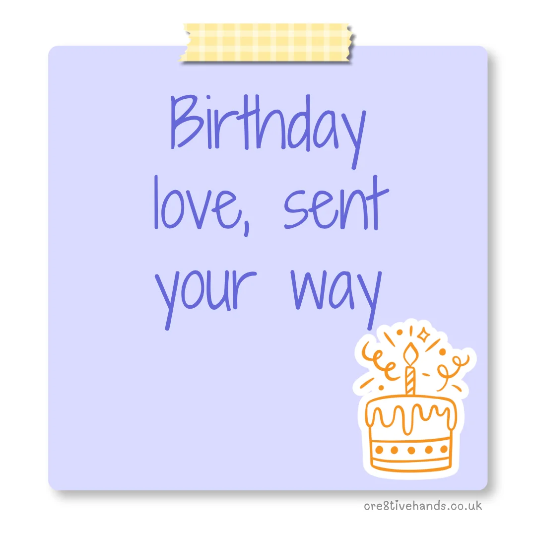 Pastel purple sticky note with the message “Birthday love, sent your way” with yellow gingham tape and a birthday cake doodle.