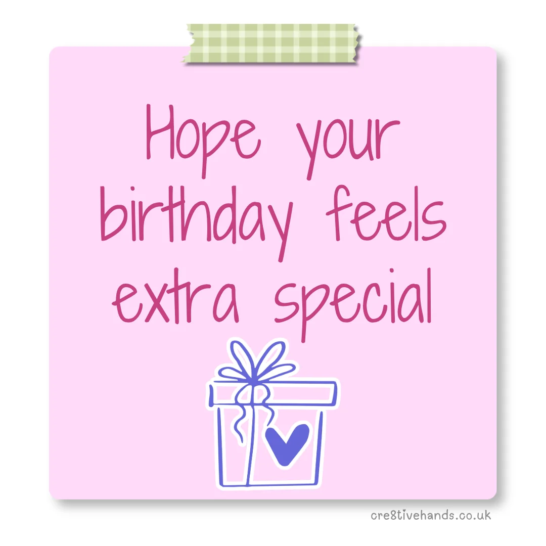 Pastel pink sticky note with the message “Hope your birthday feels extra special” with green gingham tape and a gift doodle.